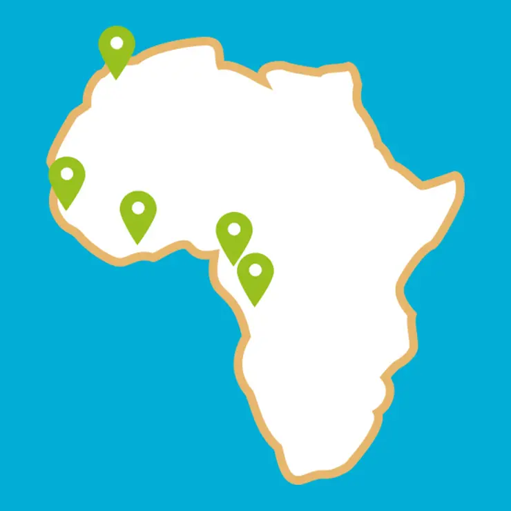 Illustration de l'Afrique avec des icônes de position sur la partie Ouest du continent
