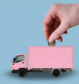 Camion rose symbolisant une tirelire, avec une main mettant une pièce dedans 